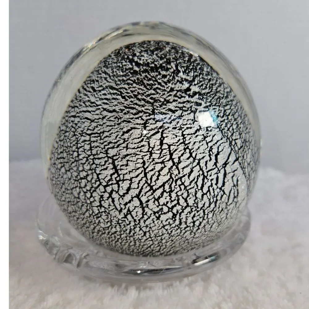 Vintage Art Glass Paperweight Silver Foil Crackle Webbed Egg Orb 4